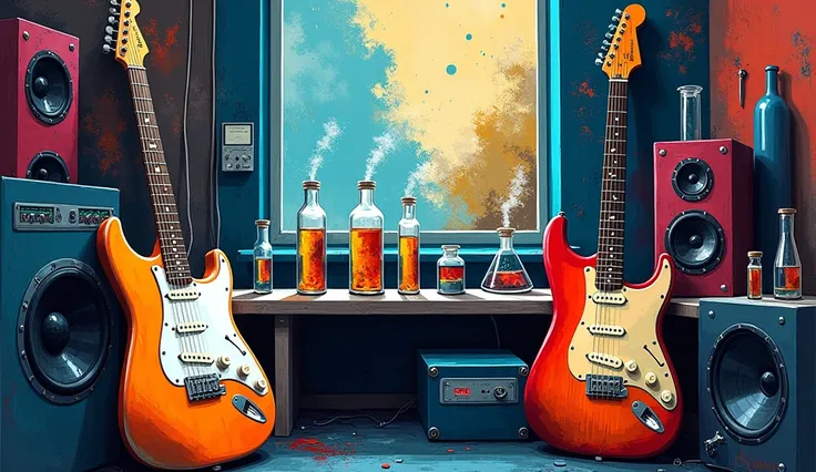 Guitars and drums in a small science lab, complete with speakers and glass flasks of chemistry, embody the resilience and tenacity of the scientific community, infused with a bold graphic allure that enlivens the spirit of science. The design penetrates la...