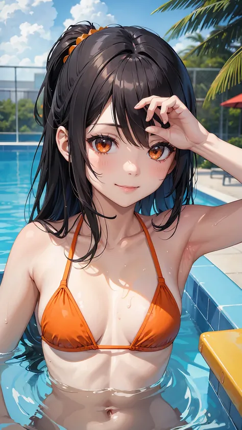 Best Quality、Realistic、girl、、zoom、Orange eyes、Black Hair、Swimwear、thin、Small breasts、Inappropriate smile、Pool、Bust Shot、