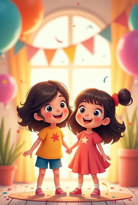 Create a cartoon themed birthday invitation: Fun and Charming. Enter the following information: Birthday boy/girl names: marina (9 anos) and Maisa (5 years), date: 20/10/2024, time: 15:30, dove: my home.
