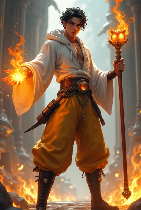 Boy age 20, 1.90 high, american, brown eyes, deep and cute eyes, white hoodie big sleeves, kendo dark yellow pants, arms on yellow flames, orange wooden crosier covered in gold, belt with a yellow crystal, chains around the belt, athletic, magic powers, ac...