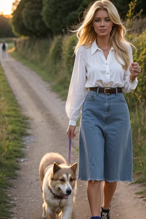 blond, Pretty, 165cm tall, 50kg heavy, THAT. 45 years. Clothing style 90s. Walking with a dog on a leash along a country lane into the sunset