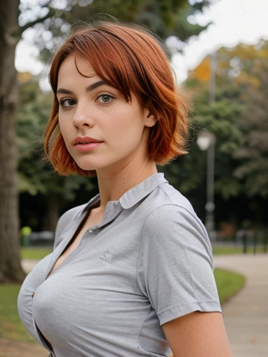 Guapa morena en camisa gris un autophoto (has gray) (in a park), autophoto, Low cut, very detailed, (huge breasts: 1.0), (a man in a shirt), (teenage woman), innocent face, short hair, (orange hair), blue eyes, high resolution, boss&#39;works by&#39;until,...