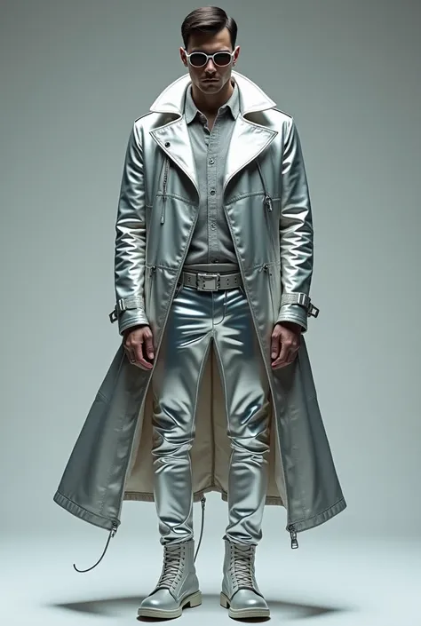 Create a male radio host, with silver cyberpunk clothes, infinity thin silver glasses, silver coat, Silver pants ,cyberpunk shoes.