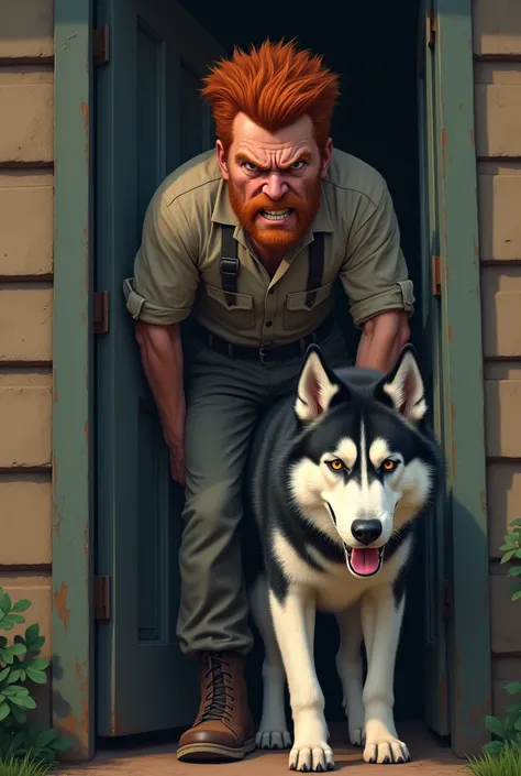 Adult redhead man 1 at the door angry next to a Siberian husky