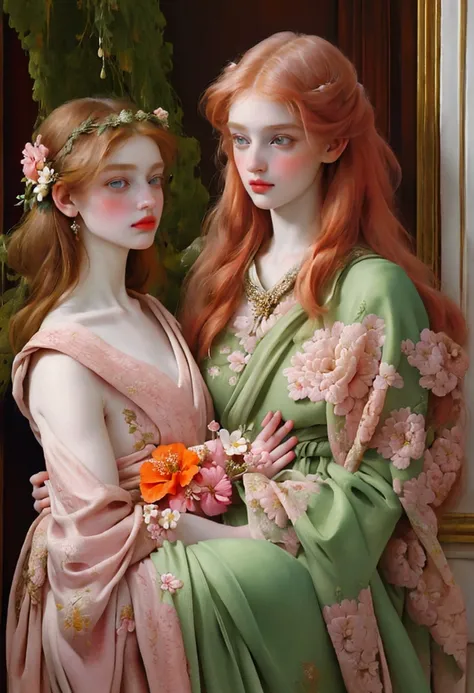 Ancient art, Renaissance art, white girl with extraordinary features, ginger hair, Bambi-shaped eyes in moss green, orange and pink extremities,Bright, pale skin with olive undertones, wearing a long silk dress with lots of detailing and hibiscus flowers e...