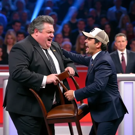 A (((meme-style))) image of a large, gray/black-haired “fat-man brazilian flag” in a suit angrily ((“attacking With a chair”)), a “younger-man around 30-years-old”, ((Scared-face)) who is wearing a baseball cap with the number 28 and also dressed in a suit...