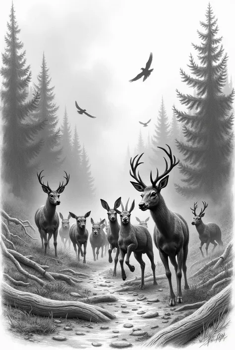 Pencil drawing of animals escaping from forest fires 