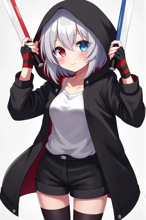 *Connie, anime girl is 1,55, white hair with gray gradient, Front strands longer than those in the back, Short Layered Back, fringe covering his forehead, white and soft skin, eyes of different colors, The left one is blue with a light blue gradient, the r...