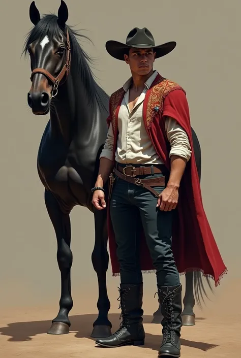 Handsome young man next to a horse. muscular, big and handsome. black Horse. threatening look. Typical Chilean hat. Chilean huaso costume. Elegant poncho, short. Elegant Huaso. threatening. Cabello short, big hands. masculine. Chilean. Black boots with spu...