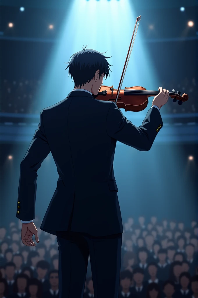 create an image in drawing, anime style, of a man in a suit from behind playing the violin, on a stage
