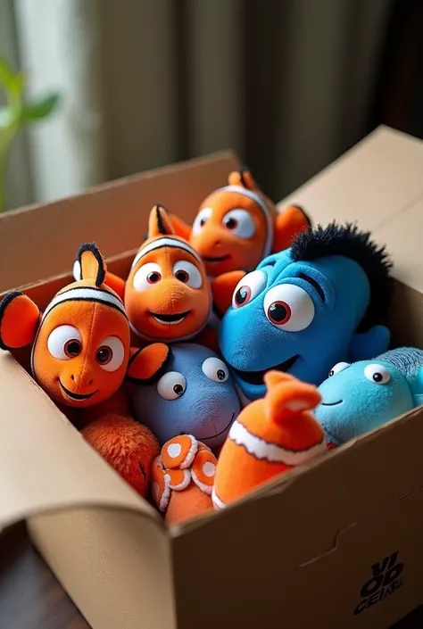 A box of Finding Nemo plushies 