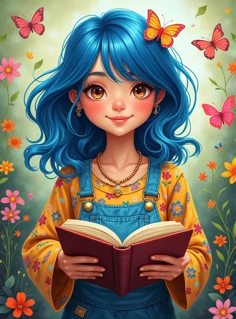 a hippie chubby girl with blue hair for the laugh wearing a colorful overall, flowers, butterflies, holding a book, drawing mode