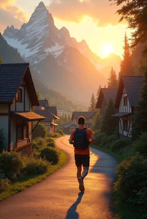 Create A sunrise in a small town surrounded by mountains. Manuel, in sportswear, run along a path.
