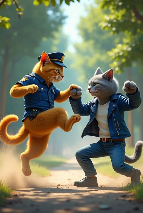 A yellow orange police cat in a blue uniform kicks mid-air towards a grey cat dressed in a blue leather jacket,white shirt and blue jeans, who is crouched in a defensive position. The background features a park setting with greenery and pathways, creating ...