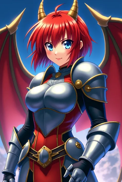 1990 style anime girl she haves dragon features like small horns she is muscular haves short red bob cut hair and blue eyes she wears a knight uniform let all her body seen