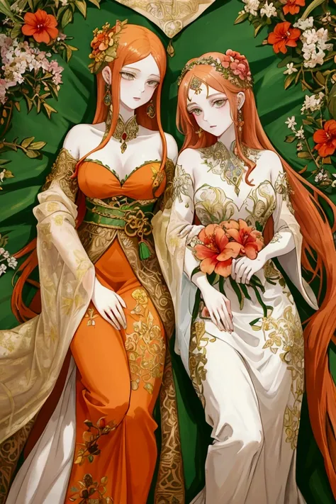 Ancient art, Renaissance art, white girl with extraordinary features, ginger hair, Bambi-shaped eyes in moss green, orange and pink extremities,Bright, pale skin with olive undertones, wearing a long silk dress with lots of detailing and hibiscus flowers e...