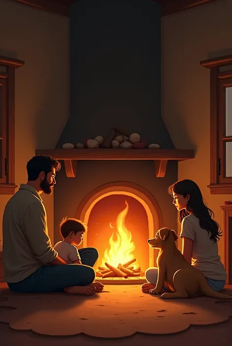 The family was gathered around the fire, the man sitting on the fallen pestle, the woman sitting cross-legged, the thighs serving as pillows for the children. The dog with her butt on the ground and the rest of her body raised looked at the embers that wer...