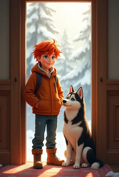 1 redhead boy in a doorway next to a Siberian husky