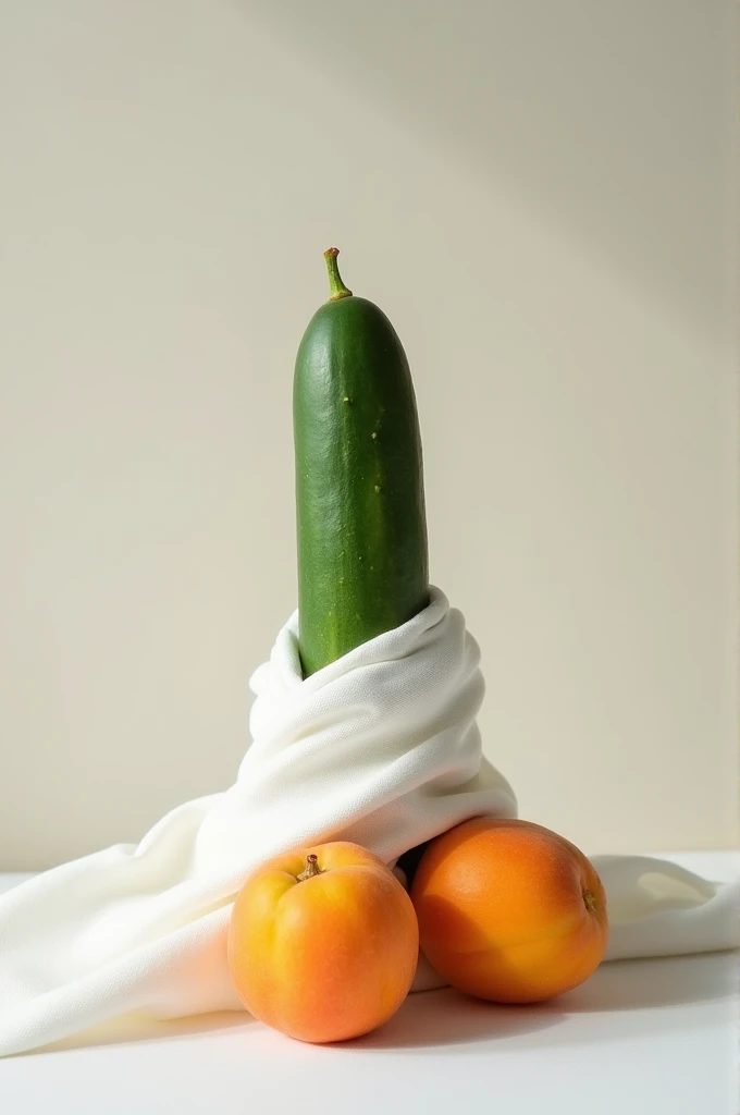 A green cucumber standing upright, wrapped in a soft white tight fabric, with 2 large apricots placed under it, side by side , The composition is minimalist, with soft lighting and a neutral background, creating a harmonious and balanced scene."