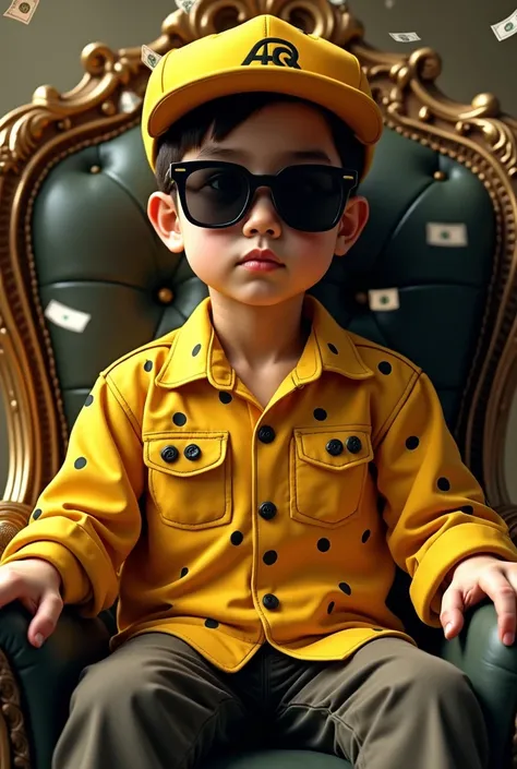 A boy with black sunglasses, with yellow cap and black lines. He must have a yellow shirt with black spots. in the background, A shower of money. The boy must be sitting, as if it were a throne and must be serious (2) 