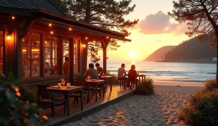 amber coffee shop on the Baltic coast, sandy beach, pine trees, tables on the terrace, cups of steaming coffee, amber, bright blue sea at sunset