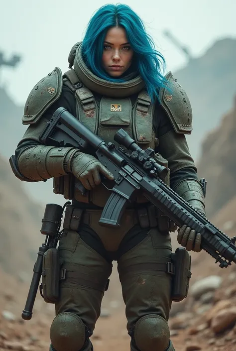 A woman in blue hair decked in full military gear, carrying a huge gun.