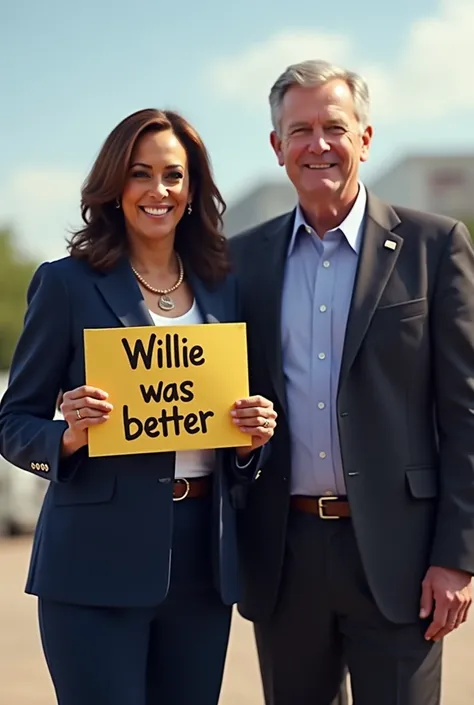 Kamala harris next to doug emhoff.  Kamala is holding a sign that says "Willie was better"