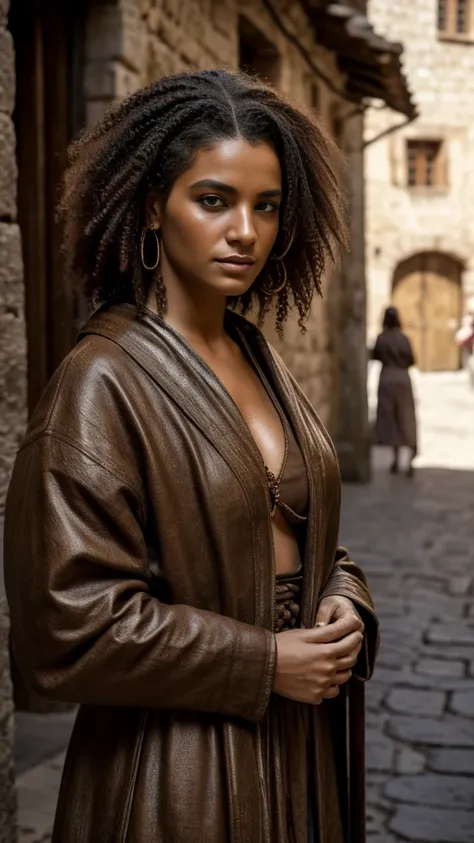 (Photorealistic), highest quality, 8K, skin texture, Hair texture, ancient prostitute, 30 years old, beautiful face, standing in the medieval city