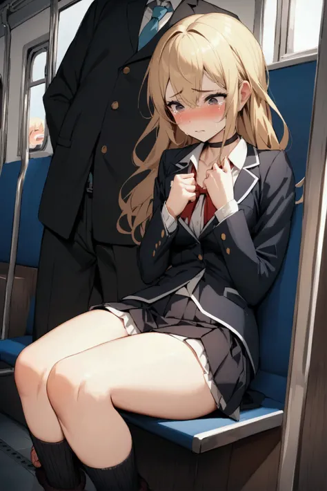 NSFW, Highly detailed black ribbed ankle socks. Build something amazing, blazer.Black choker, Blonde、Brown Hair　A cheeky high school girl who looks down on adults.Tied up and punished on the train.Crying.