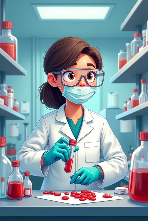 cartoon of a clinical laboratory technician with his PPE (gloves, biosafety glasses, hat toque, face masks and dust covers) analyzing blood samples