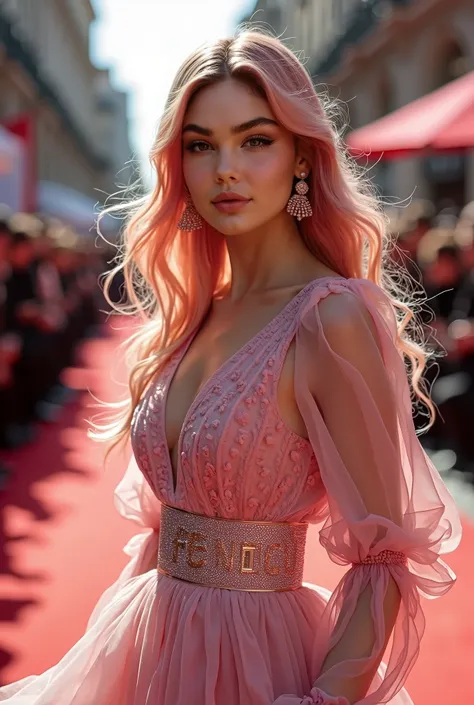 High Resolution, Masterpiece, Accurate, Anatomically Correct, Award Winning, Best Quality, Detail, HD, High Details, High Quality, Quality, Super Detailed, UHD, Textured Skin, Long WAvy VAPOROUS PINK Hair, Earrings, Makeup, european girl ,milano fashion we...