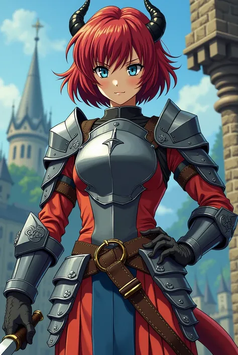 1990 style anime girl she haves dragon features like small horns and dragon scale she is muscular haves short dark red bob cut hair and blue eyes she wears a knight uniform