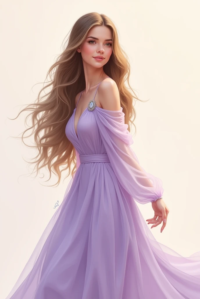 A princess in 2D, She has long, wavy hair, brown eyes and fair skin, wears a flowing lilac dress with light sleeves and no neckline