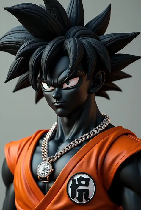 (photorealism:1.2),black skin goku with dreads wearing a diamond chain and watch