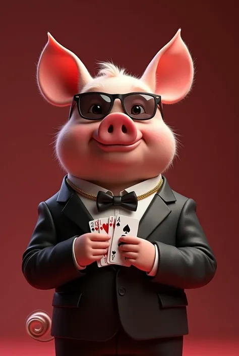 Create a Pixar-style character. It&#39;s a little pig with a human body., profile photo, your skin should be smooth, solid and shiny, dark glasses without showing the eyes, gold necklaces, Suit, holding playing cards, casino, studio photo, solid background...