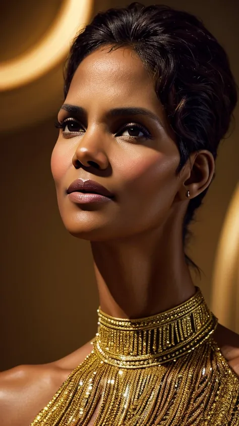 halle berry, exquisite detailed facial features, high cheekbones, full lips, long lashes, glamorous hairstyle, flawless skin, elegant pose, dramatic lighting, cinematic camera angle, high fashion editorial, editorial style, vibrant colors, glossy, masterpi...