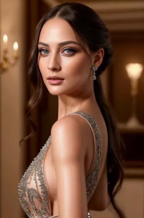 beautiful detailed eyes, beautiful detailed lips, extremely detailed eyes and face, longeyelashes, 1 woman, glamorous brunette woman in long evening dress, attending an exclusive party in a luxury villa, warm lighting, elegant decor, high society atmospher...