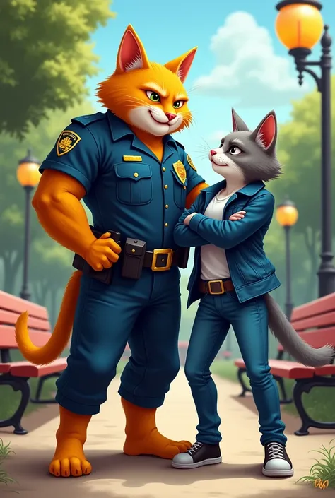 A muscular yellow orange cat dressed as a police officer and black shoes stands confidently, holding the arm of a smaller, tough-looking grey cat in a blue leather jacket and blue jeans. The greycat appears defiant, with arms behind its back, and is wearin...