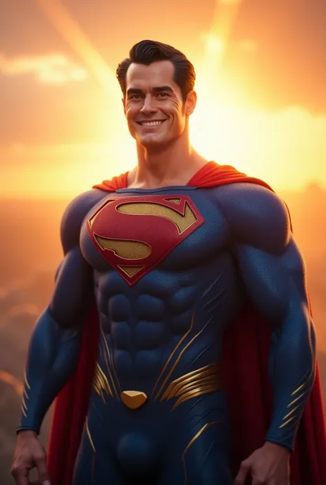 Superman see you with a smile, He has a blue and gold suit that has a big "cch", Behind him is the radiant sun, Masterpiece, High Resolution, Anatomically Correct, Best Quality, High Details, Textured Skin, epic, Cinematography, Hyperrealism, 