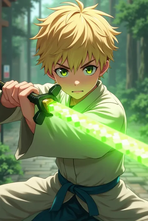 Short blond haired boy using the terra blade sword (The blade is a lime green crystal ) from the mod for minecraft botania in Japanese fencing position (Anime image)