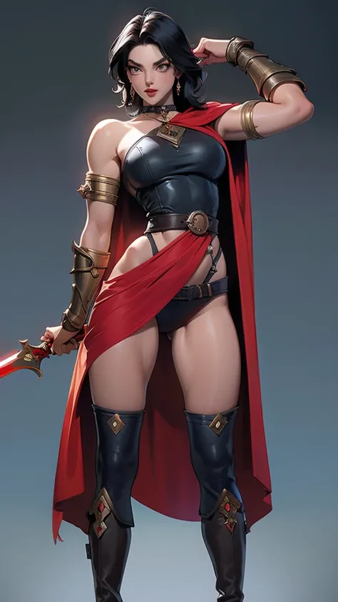 (masterpiece), best quality, expressive eyes, perfect face(masterpiece), best quality, expressive eyes, perfect face, Female warrior, short black hair, scar on left eye, bronze skin, red lips, amber eyes, muscular, wide hips, large breasts, holding a sword...