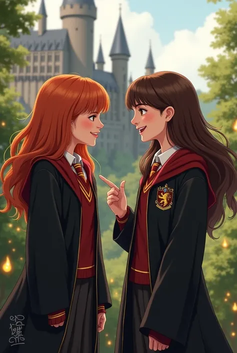 A girl with straight dark orange hair and a Griffindor uniform is talking with a girl with brown hair and a Griffindor uniform 