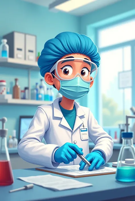 cartoon of a clinical laboratory technician with his PPE (gloves, biosafety glasses, hat toque, face masks and dust covers) analyzing