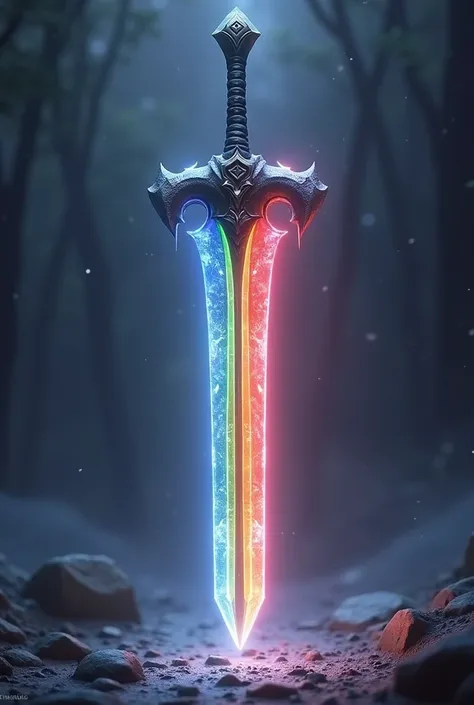 Sword balmung, seven crystals rainbow colors, sword blade dived, Giant hilt covered in bear hair