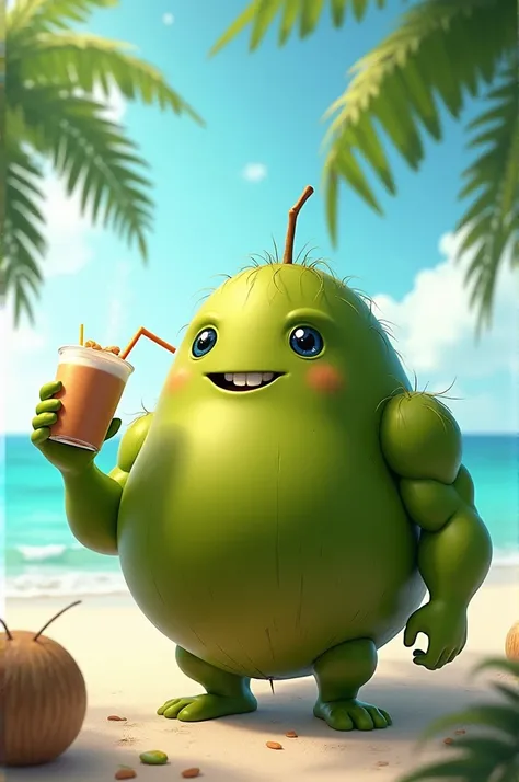 A green coconut with strong legs and arms drinking coconut on the beach cooling off