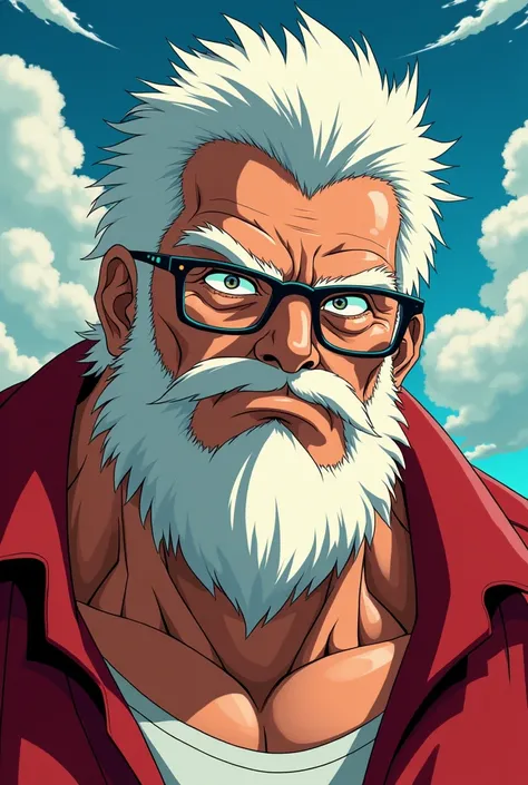 1990 style anime strong man with white hair and beard he is dilf and he wears clark kent glasses because he is old