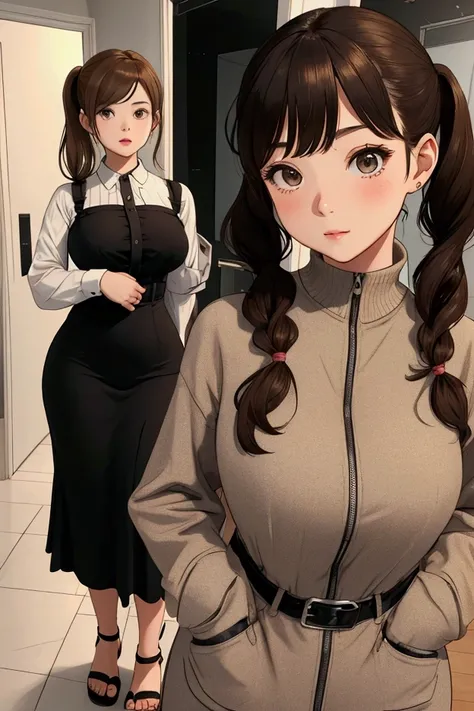 A 2 girl, short in stature but with a prominent figure, including a prominent bust, big hips and a round butt. He has light brown hair, hairstyle in two pigtails that fall over her shoulders. She is wearing clothes that accentuate her figure., with a moder...