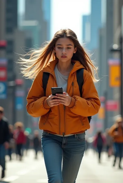 Girl running with her cell phone in her hand distracted