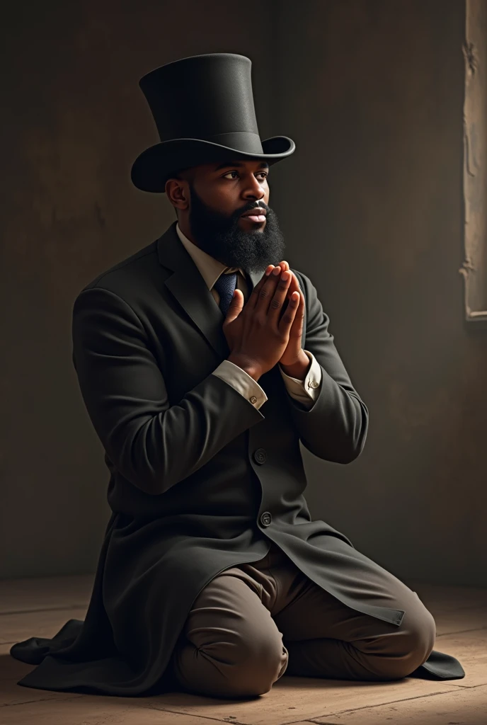 Young black Christian with huge beard Puritan wearing top hat on his knees praying 
