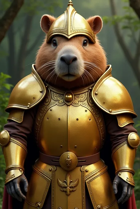 A realistic capybara, wearing a golden armor of knights of the zodiac, with the shining armor 